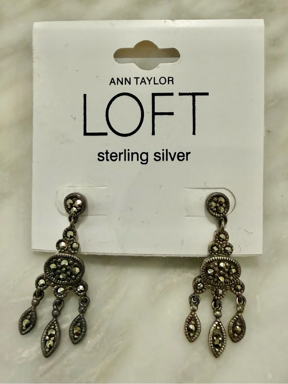 Ann Taylor LOFT Sterling Silver Antiqued Marcasite Dangly Earrings NEW